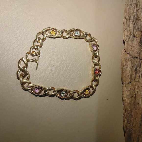 Gold Tone Chain Bracelet Heart-Shaped Multi-Colored Gemstones Toggle Clasp - Picture 3 of 9